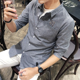 男士短袖衬衫2016夏季新款韩版修身五分袖衬衣条纹休闲中袖寸衫潮
