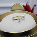 小金匠Jewelry18K金珍珠戒指精工镶嵌贝壳花7-7.5天然珍珠开口戒