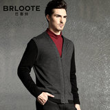 Brloote男装男士纯羊毛衫 修身薄拼接毛衣针织外套英伦开衫 正品