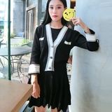 2016新款秋季外套女韩版学院V领气质针织开衫背心半身裙三件套装