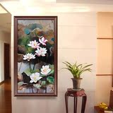 新中式玄关装饰画 走廊过道挂画 手绘荷花油画 客厅餐厅大幅壁画