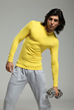 细绒高领抓绒运动健身打底外穿足球长袖T恤 男紧身保暖衣包邮 黄
