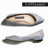 LAZY RABBIT懒兔进口特制闪银色亮片超闪芭蕾单鞋尖头平底女鞋