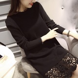 2015冬装新款韩版蕾丝拼接纱网袖针织打底连衣裙中长款套头毛衣女