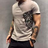 2016欧美潮牌男士休闲短袖T恤 棉麻个性拼接时尚修身圆领半袖T恤