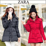 Zara女装2015冬装新款韩版连帽大毛领加厚大码修身中长款羽绒服女