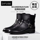 D：Fuse/迪芙斯冬季牛皮皮带扣圆头金属低跟短靴女鞋DF44115014