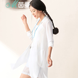 茵曼夏季新品白色长袖雪纺衫开衫女夏装中长款纯色上衣8522910329