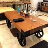 美式复古客厅茶几实木带轮长方形小茶桌小户型家具创意茶桌椅组合