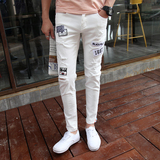 韩国潮流破洞纯白色牛仔裤男 夏个性贴布印花修身显瘦牛仔9九分裤