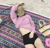 2016韩国东大门新款棉麻防晒长袖纯色T恤宽松圆领粉色卫衣薄款 女