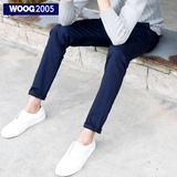 WOOG2005男士藏青色松紧带休闲长裤2016春季弹力修身纯色小脚裤子