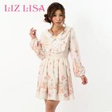 Liz Lisa2016春新款雪球印花蕾丝娃娃领6082可爱甜美长袖连衣裙