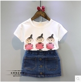 2016韩版童装韩国童装女童夏季新款卡通短袖t恤+牛仔裙套装 潮