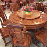 缅甸花梨木圆餐桌 红木家具 平面圆形转盘餐桌 实木6件套