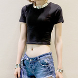 omaliss韩国露脐装修身圆领短袖T恤女夏上衣超短款漏肚脐紧身高腰