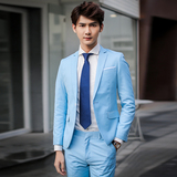 新款男韩版修身纯色一粒扣商务小西装英伦时尚婚庆伴郎西服2件套