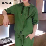 jencee2016女装新款时尚宽松显瘦纯色亚麻长袖连帽休闲外套