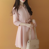 2016夏季新款韩版气质高腰修身显瘦长袖a字雪纺连衣裙衬衣衬衫裙