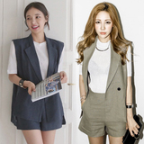 夏季新款韩国OL时尚休闲棉麻无袖上衣女西装马甲高腰短裤两件套装
