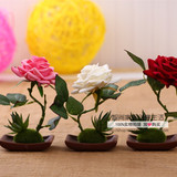 仿真玫瑰花欧式经典小盆栽迷你家居办公微型桌面植物装饰假花批发