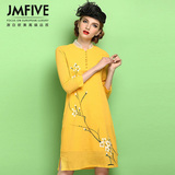 JMFIVE2016春夏装新款复古修身显瘦V领七分袖手绘印花棉麻连衣裙