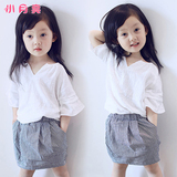 女童裙子套装韩版夏季 儿童气质小V领清新短袖T恤+格子短裙两件套