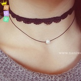 韩国正品代购潮女 黑色蕾丝 黑绳 珍珠双层短项链 锁骨链项圈颈圈