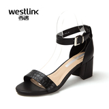 Westlink西遇女鞋2016夏秋季新款石头纹真皮一字带高跟鞋女凉鞋