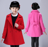 童装女童毛呢大衣冬季加厚新款中大童韩版中长款红色修身呢子外套