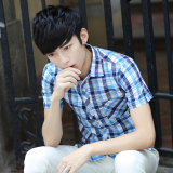 夏季薄款格子短袖衬衫男士韩版修身青少年休闲半袖印花衬衣潮男装