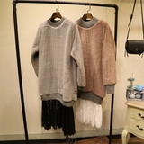 2015韩版冬季新款加厚保暖兔毛绒衫蕾丝拼接中长款打底裙潮连衣裙