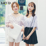 LRUD2016夏季新款韩版学院风V领波点衬衫女宽松休闲百搭中袖衬衣