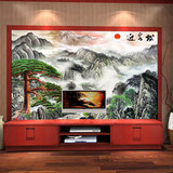 中式国画迎客松立体山水壁纸墙纸客厅沙发电视背景墙风景大型壁画
