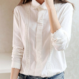2016夏装韩版立领白衬衫女荷叶花边蕾丝拼接长袖上衣纯棉衬衣修身