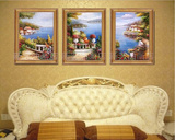 手绘定制玄关卧室三联地中海有框美装饰挂画  欧式风景客厅油画