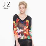 JZ玖姿高端女装 专柜高端七分袖V领针织衫时尚显瘦印花修身小衫