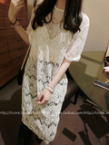 2015新款韩版大码圆领中袖连衣裙打底裙淑女气质透明睫毛蕾丝罩衫