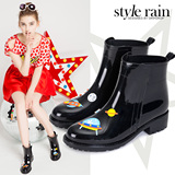 时代林2016时尚手绘风女式低筒雨靴水靴水鞋胶鞋韩版雨鞋女