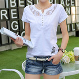夏季新款韩版修身女装t恤纯色印花纯棉蕾丝短袖t恤女士上衣打底衫