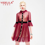 YIGELILA2016夏季新款 复古网纱波点珍珠拼接两件套连衣裙61661