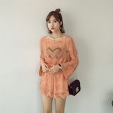 秋季新款韩版女宽松中长款绑带长袖纯色镂空针织衫罩衫上衣+D69