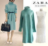 zara女装正品代购2015秋冬新款高领修身韩版蕾丝毛衣连衣裙两件套