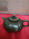 丁丁古玩杂项,竹叶铜茶壶/小酒壶,全铜做旧仿古茶壶摆件,小扁型