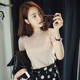 2016春季韩版女士短袖针织衫 半高领修身显瘦紧身薄款t恤打底衫潮