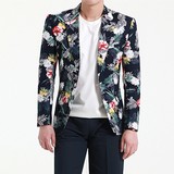 韩国代购男装新款韩版男士修身薄款西服潮男个性休闲外套印花西装