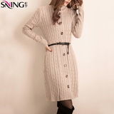 2016韩版毛衣裙女春装新款中长款麻花开衫半高领加厚针织外套