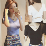 夏季韩版高腰露脐短款T恤女显瘦短袖上衣交叉露背针织衫打底衫