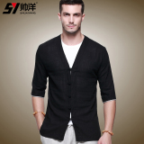 中式短袖新款中国风男士衬衣亚麻七分袖唐装男夏装V领衬衫TZ6889