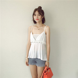 夏季新款韩版女性感V领吊带背心镶钻拼接百褶荷叶边雪纺上衣+L32